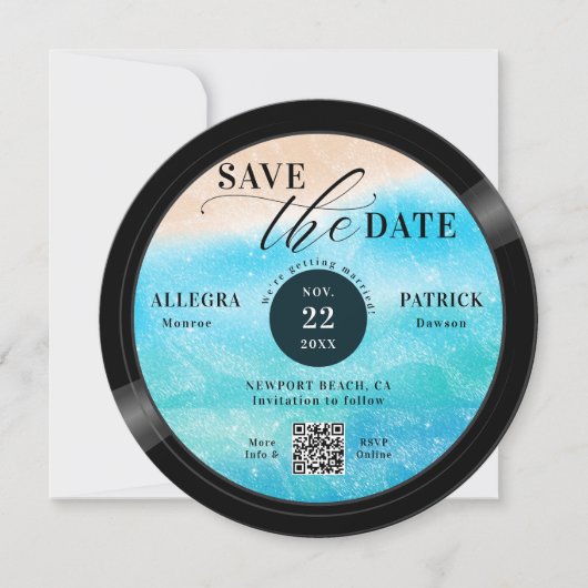 ビーチ結婚式Save the Date Music Lover Record QR セーブザデート (正面)