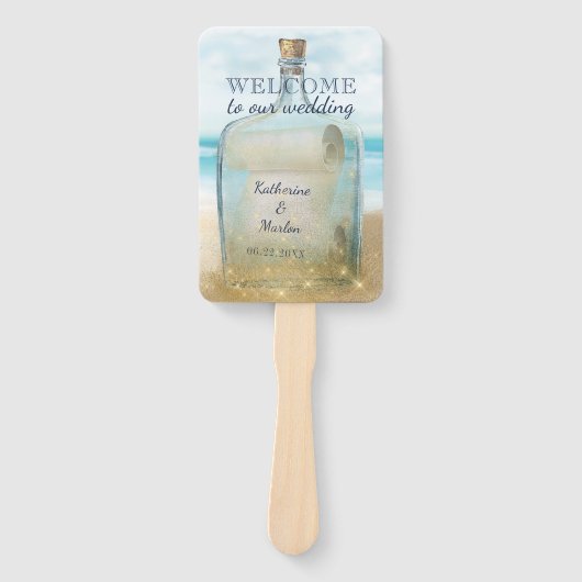 ビーチ結婚披露宴でのボトル船便メッセージ ハンドファン (正面)
