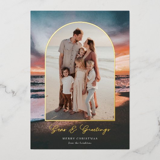 ビーチ絵画サンセットの海と挨拶の写真 箔シーズンカード (正面)