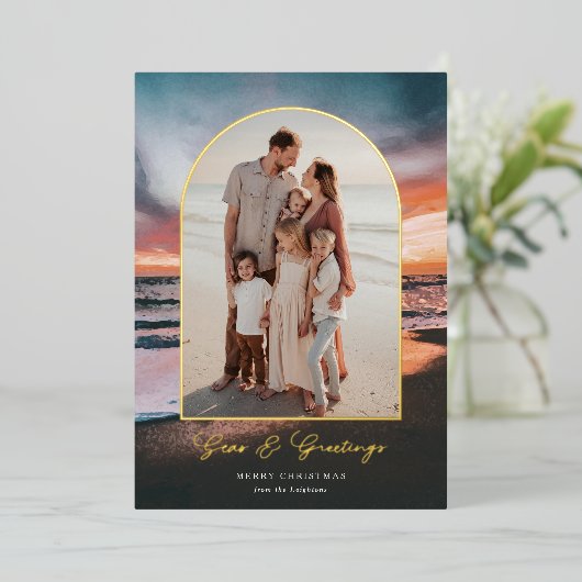 ビーチ絵画サンセットの海と挨拶の写真 箔シーズンカード (立ち正面)