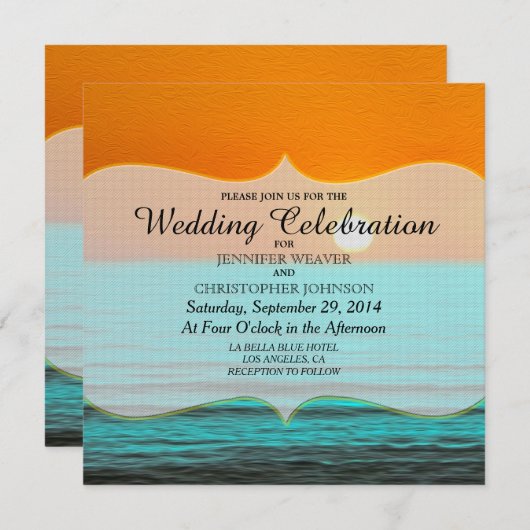 ビーチ絵画サンライズインオレンジスカイ&ティール（緑がかった色）ウォーター 招待状 (正面/裏面)
