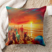 ビーチ群集金ゴールドレッドブルーティール（緑がかった色）抽象芸術 モダン クッション (ブランケット)