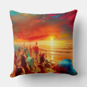 ビーチ群集金ゴールドレッドブルーティール（緑がかった色）抽象芸術 モダン クッション (裏面)