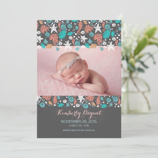 ビーチ自動生まれたばかりのベビーフォト誕生 案内状 (スタンド正面)