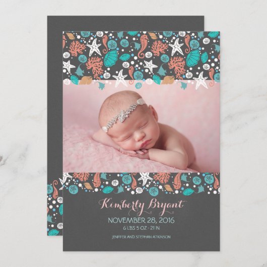 ビーチ自動生まれたばかりのベビーフォト誕生 案内状 (正面/裏面)
