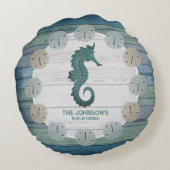 ビーチ航海のウッドとシーホース – ダークブルーティール（緑がかった色） ラウンドクッション (裏面)