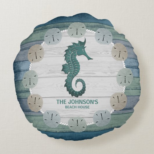 ビーチ航海のウッドとシーホース – ダークブルーティール（緑がかった色） ラウンドクッション (裏面)