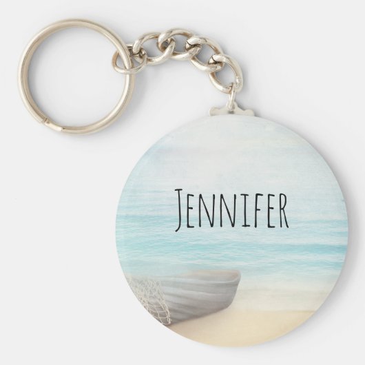 ビーチ航海のシーンとローボート&魚釣りネット キーホルダー (正面)