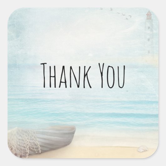 ビーチ航海のシーンとローボート&魚釣りネット スクエアシール (正面)