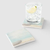 ビーチ航海のシーンとローボート&魚釣りネット ストーンコースター (横)