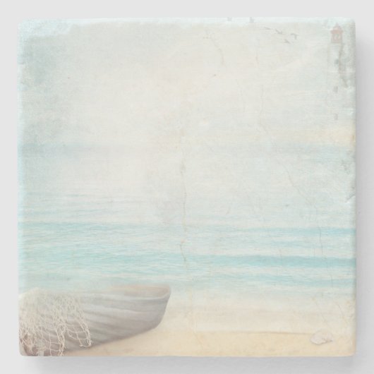 ビーチ航海のシーンとローボート&魚釣りネット ストーンコースター (正面)