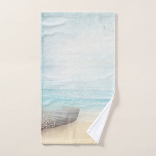 ビーチ航海のシーンとローボート&魚釣りネット バスタオルセット (ハンドタオル)