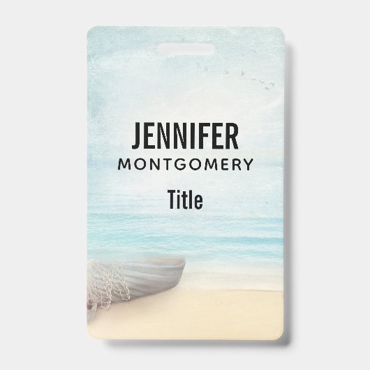 ビーチ航海のシーンとローボート&魚釣りネット バッジ (正面)