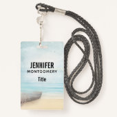 ビーチ航海のシーンとローボート&魚釣りネット バッジ (裏面ランヤード)