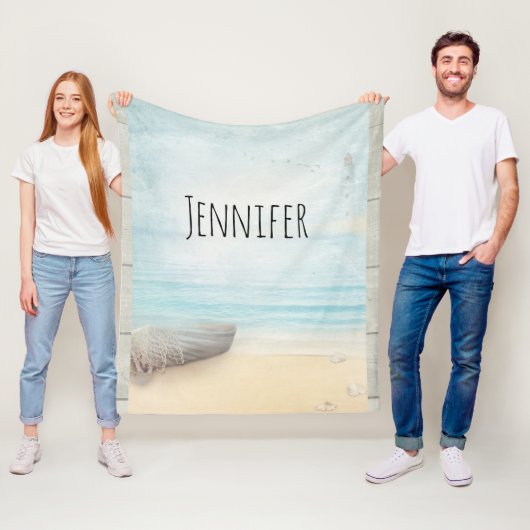 ビーチ航海のシーンとローボート&魚釣りネット フリースブランケット (インサイチュ)