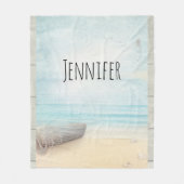 ビーチ航海のシーンとローボート&魚釣りネット フリースブランケット (正面)