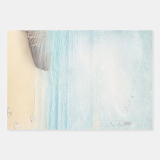 ビーチ航海のシーンとローボート&魚釣りネット ラッピングペーパーシート (正面)