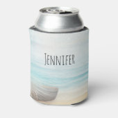 ビーチ航海のシーンとローボート&魚釣りネット 缶クーラー (缶裏面)