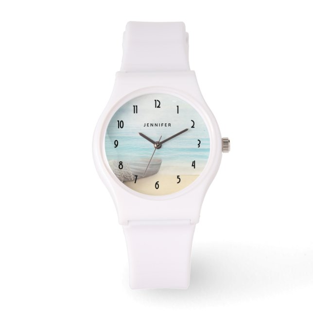 ビーチ航海のシーンとローボート&魚釣りネット 腕時計 (正面)