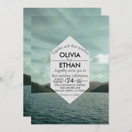 ビーチ航海のネイビーブルー結婚式招待状 招待状 (正面/裏面)