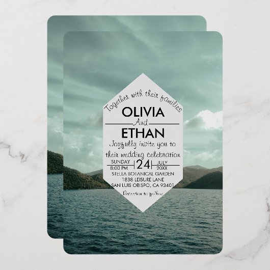 ビーチ航海のネイビー結婚ルズフォイル招待状 箔招待状 (正面/裏面)