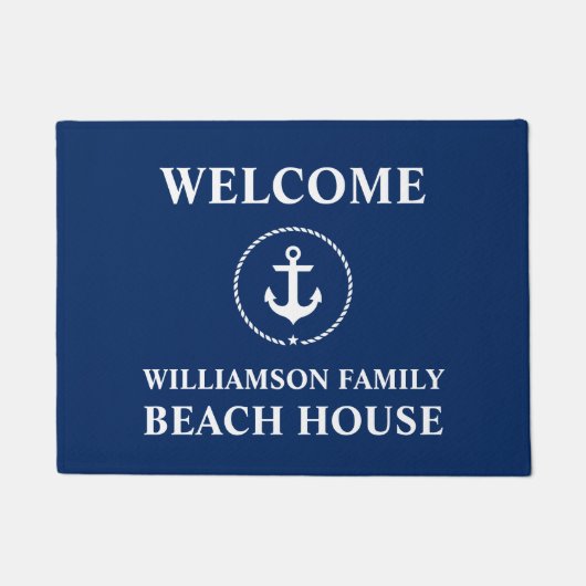 ビーチ航海のハウスファミリーネームブルーウェルカム ドアマット (正面)
