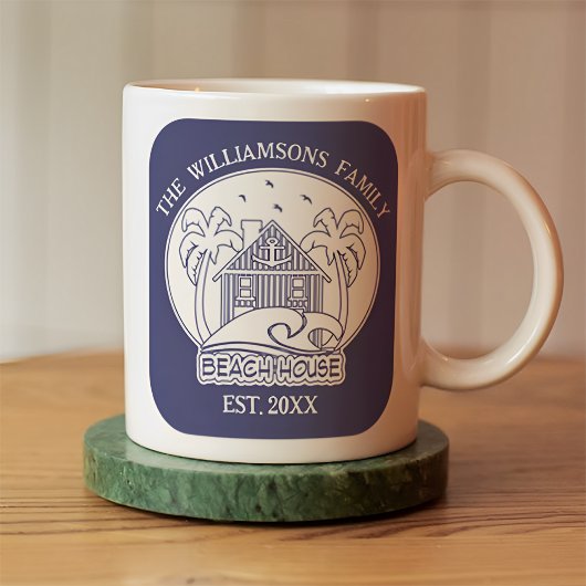 ビーチ航海のハウスファミリーネームブルー&ホワイト コーヒーマグカップ