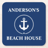 ビーチ航海のハウスファミリー名いかりネイビーブルー スクエアペーパーコースター (正面)