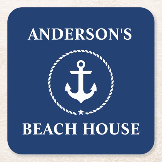 ビーチ航海のハウスファミリー名いかりネイビーブルー スクエアペーパーコースター (正面)