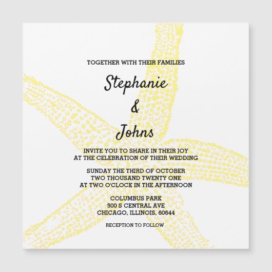 ビーチ航海のヒトイエローホワイトテーマ結婚ズ マグネット招待状 (正面)