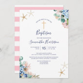 ビーチ航海のフローラベビーガールバプテスマ 招待状 (正面/裏面)