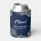 ビーチ航海のホワイトレースネイビー結婚ブルー 缶クーラー (缶正面)
