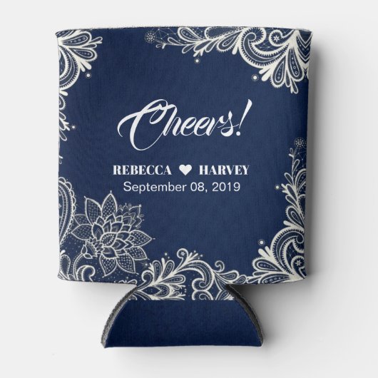 ビーチ航海のホワイトレースネイビー結婚ブルー 缶クーラー (正面)