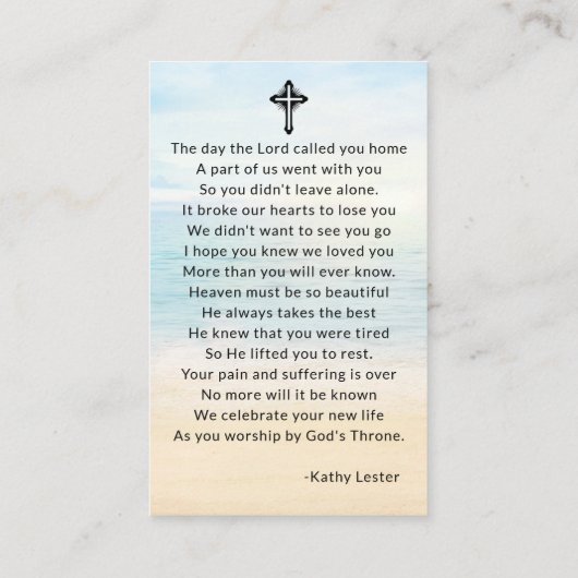 ビーチ葬儀記念祈りの言葉フォトカード 名刺 (裏面)