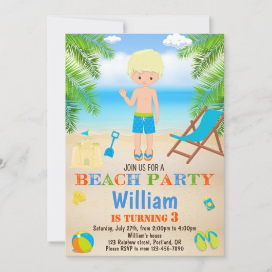 ビーチ誕生日のビーチ招待ボーイ 招待状 (正面)