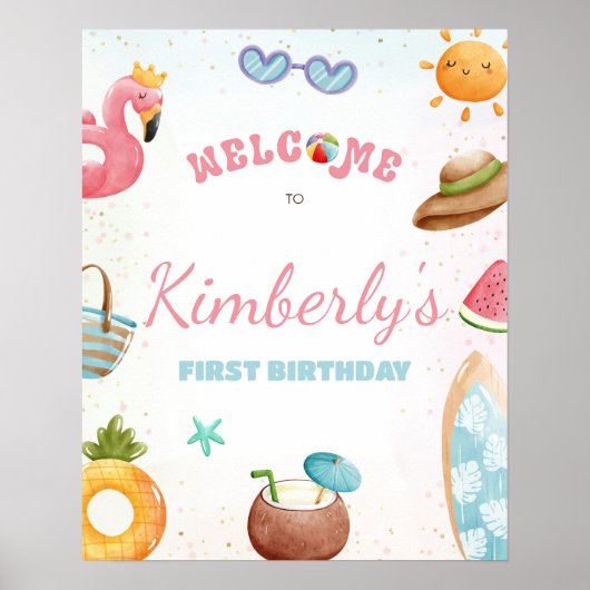 ビーチ誕生日の署名、プールパーティーのウェルカムサイン ポスター (正面)