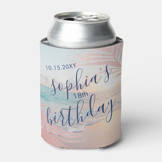 ビーチ誕生日パーティー好意ピンクパーソナライズされた 缶クーラー (缶正面)