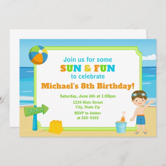 ビーチ誕生日招待状ビーチパーティーボーイ 招待状 (正面/裏面)