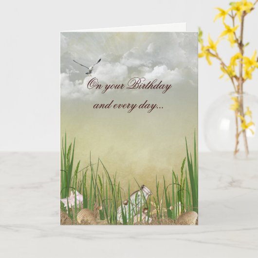 ビーチ誕生日（カモメ） カード (黄色い花)