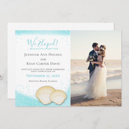 ビーチ金ゴールドの輝き我々は写真の結婚中で駆け落ち 招待状 (正面/裏面)