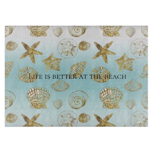 ビーチ金ゴールドシーシェルアクアグラデーションブルー カッティングボード (正面)