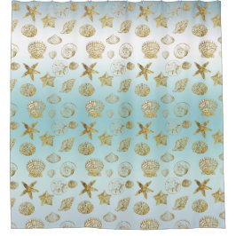 ビーチ金ゴールドシーシェルアクアグラデーションブルー シャワーカーテン