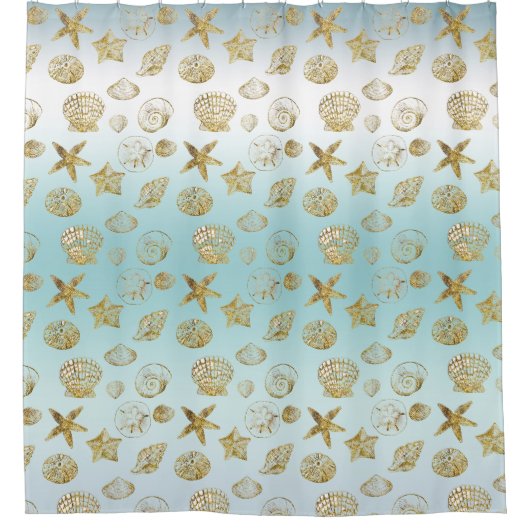 ビーチ金ゴールドシーシェルアクアグラデーションブルー シャワーカーテン (正面)