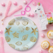 ビーチ金ゴールドシーシェルアクアグラデーションブルー ペーパープレート (パーティー)