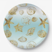 ビーチ金ゴールドシーシェルアクアグラデーションブルー ペーパープレート (正面)