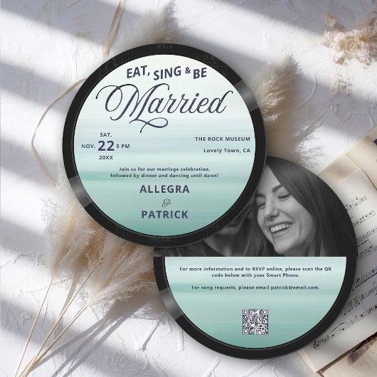 ビーチ音楽ヴィンテージビニールオールワンフォト結婚QR 招待状