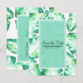 ビーチ風の白と緑のトロピカルリーフでSave the Date 案内ポストカード (正面/裏面)