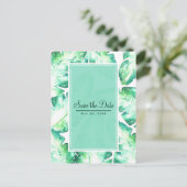 ビーチ風の白と緑のトロピカルリーフでSave the Date 案内ポストカード (スタンド正面)