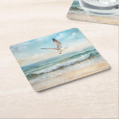 ビーチ飛んでいるのカモメ スクエアペーパーコースター (アングル)