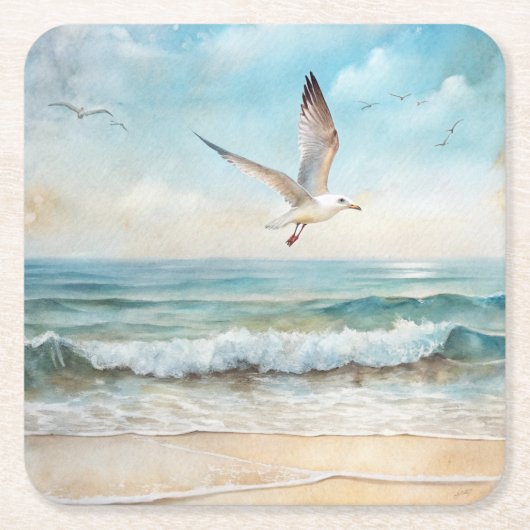 ビーチ飛んでいるのカモメ スクエアペーパーコースター (正面)